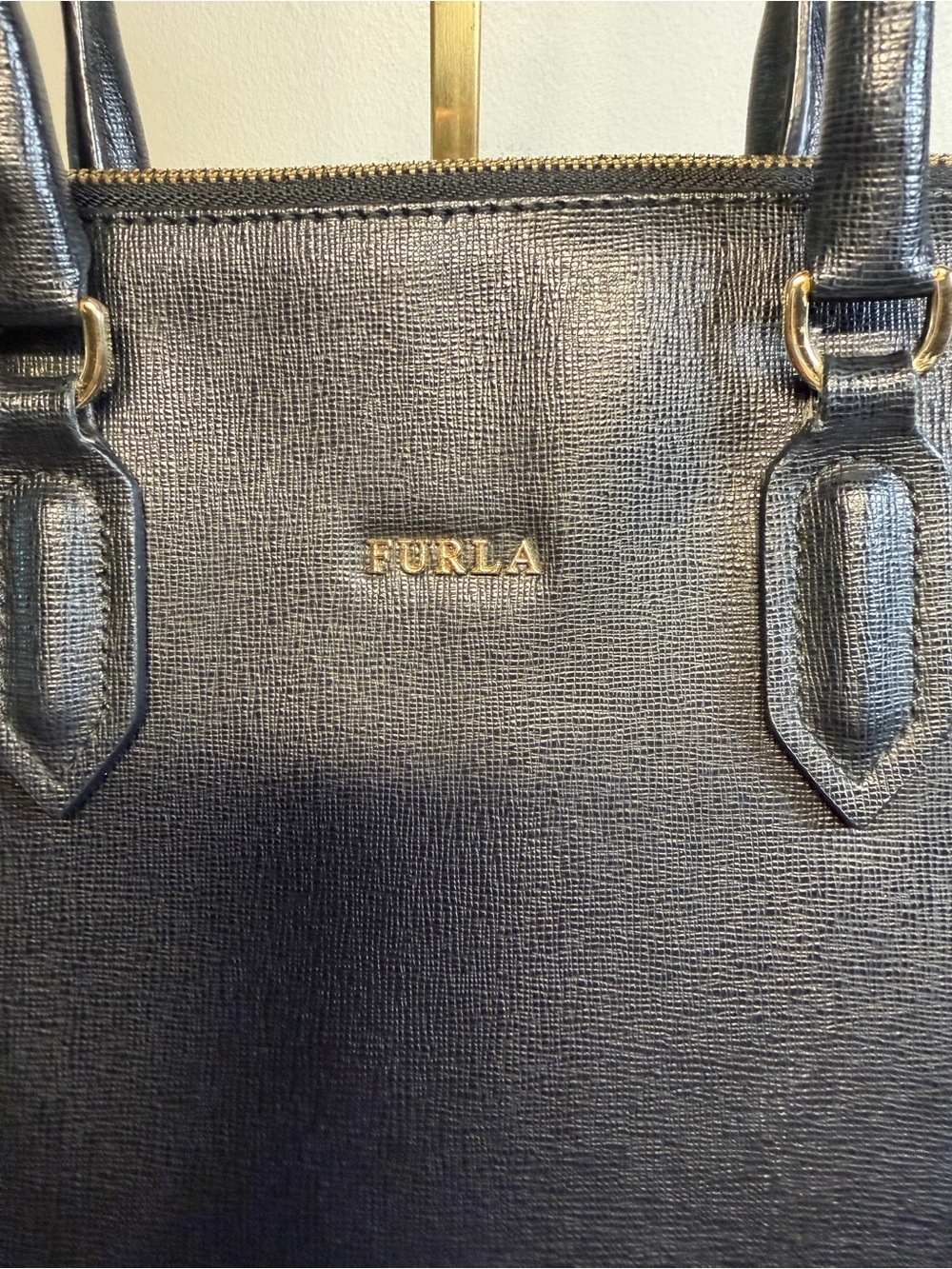 Furla Black Saffiano Zip Pouch with Gold Hardware EUC - Picture 2 of 9